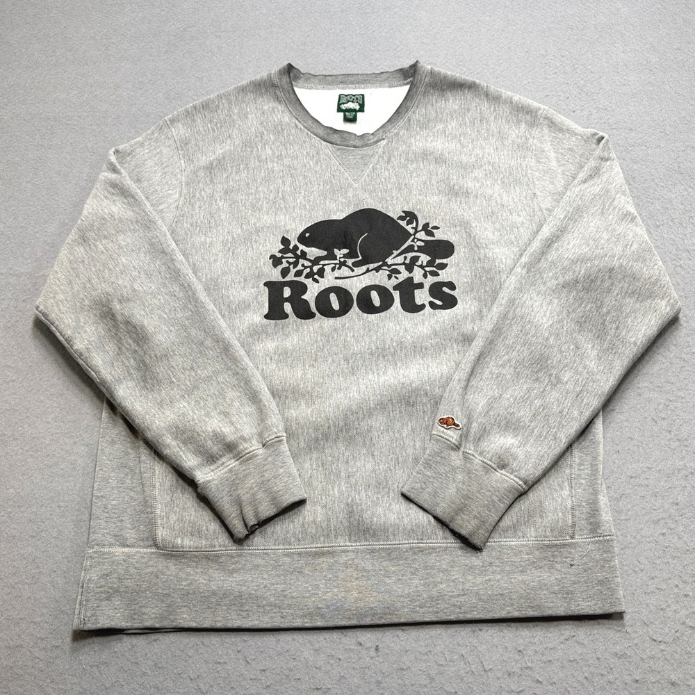Roots Sweater Men's XL Gray Fleece Lined Crewneck Graphic Preppy Heavyweight